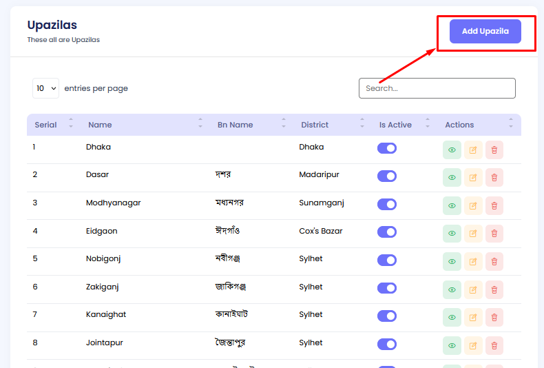 Add Upazila Button